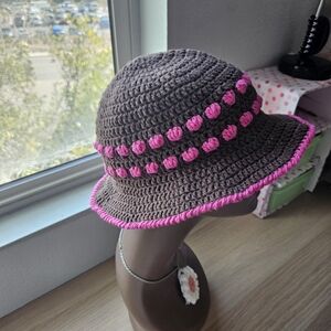 Crochet Bucket Hat with Pink Accents